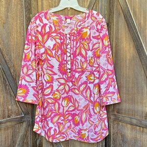 Pappagallo Embellished Pink & Orange Floral Blouse Tunic 100% Cotton Size Large